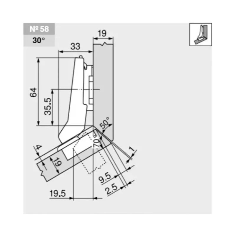 Завіса Blum кутова накладна +30⁰ кут відкривання 95⁰ 78A9556,T MB30+ V50 NI Нікель - 2