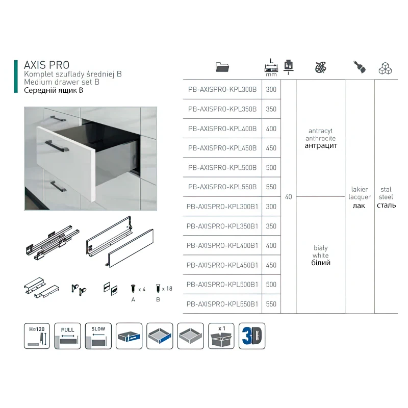 Напрямні GTV AXIS PRO PB-AXISPRO-KPL450A1 L-450мм низький Н-84мм Білий