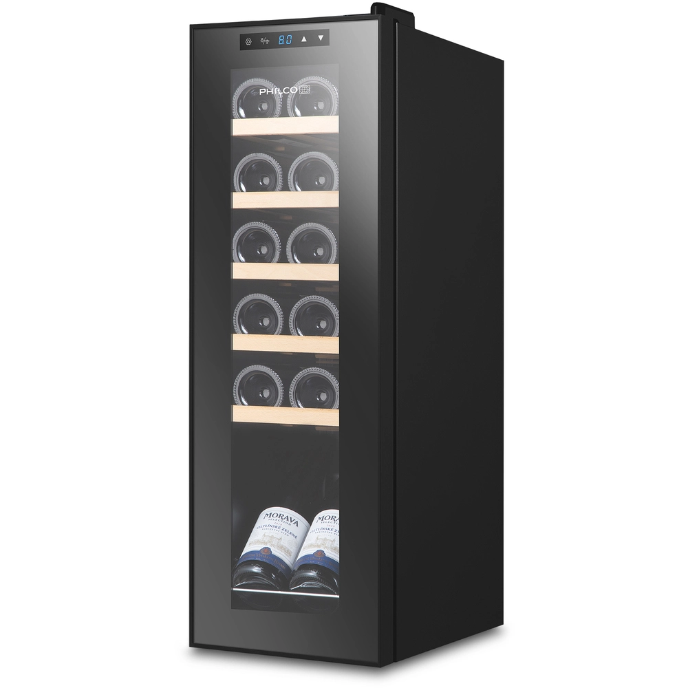 Холодильник Philco для вина, 79.5х25.2х45, холод.відд.-32л, зон - 1, бут-12, диспл, підсвітка, чорни