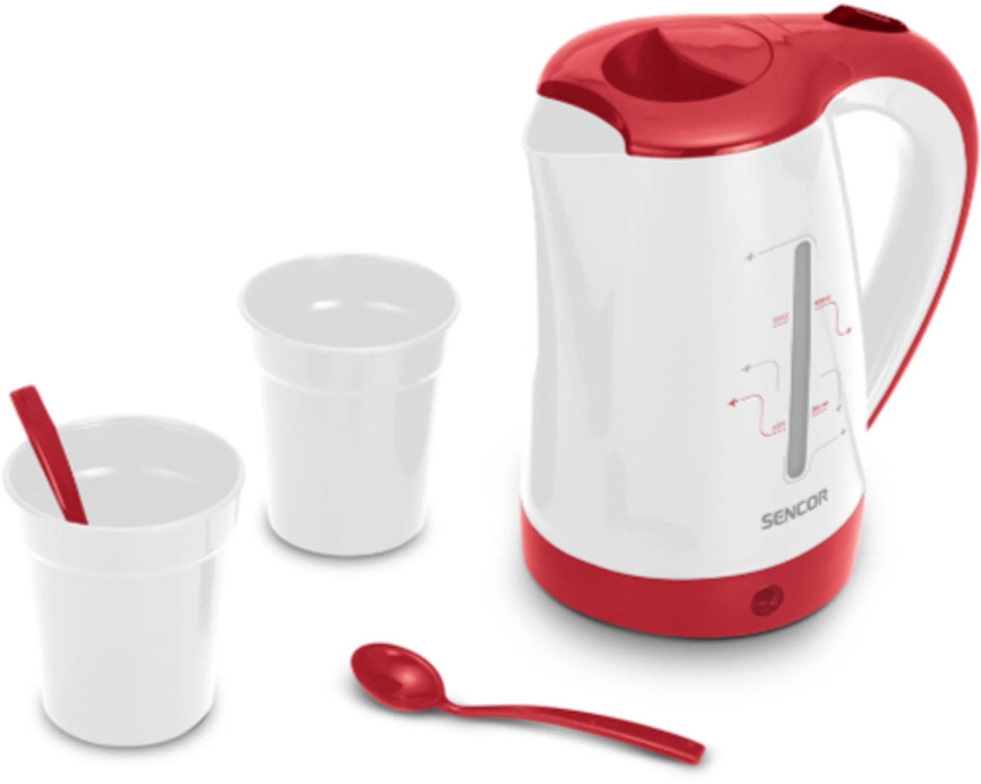 Електрочайник Sencor 0.5л, Strix, пластик, в комплекті 2 склянки + 2ложки, біло-червоний - 2